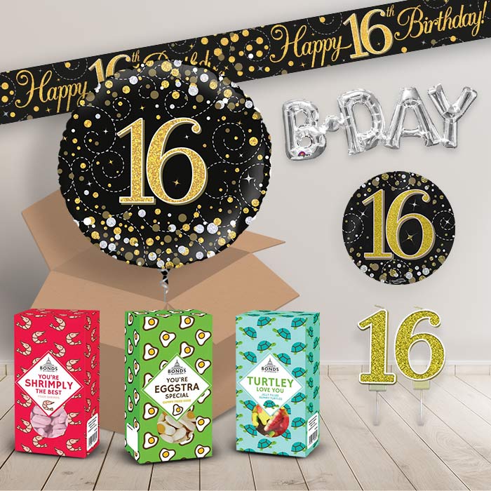 16th Birthday in a Box Package includes Sweets, Black and Gold Balloon and Decorations image 2